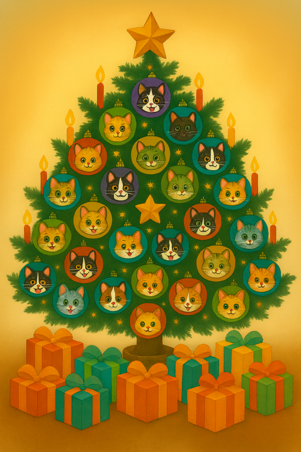 Weihnachtsbaum mit Katzenkugeln und Geschenken